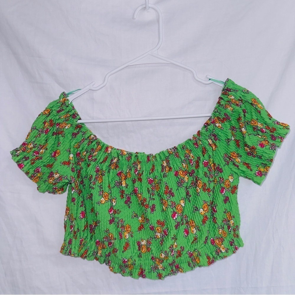 Top Shop Green Floral Print Off The Shoulder Crop Top size US 10